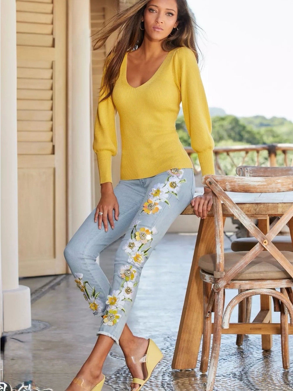 Boston Proper Light Blue Cropped Jeans with Yellow Floral Embroidery